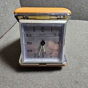 Vintage Equity Travel Alarm Clock Folding Case Orange Mechanical Wind Up 3"×3" w